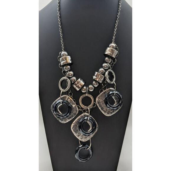 Chunky Geometrical Gun Metal Crackled Clear & Black Loopy Bead Chain Necklace - Picture 1 of 9